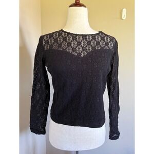 Vintage Bonjour Black Lace Long Sleeve Top Blouse Floral Semi Sheer Retro